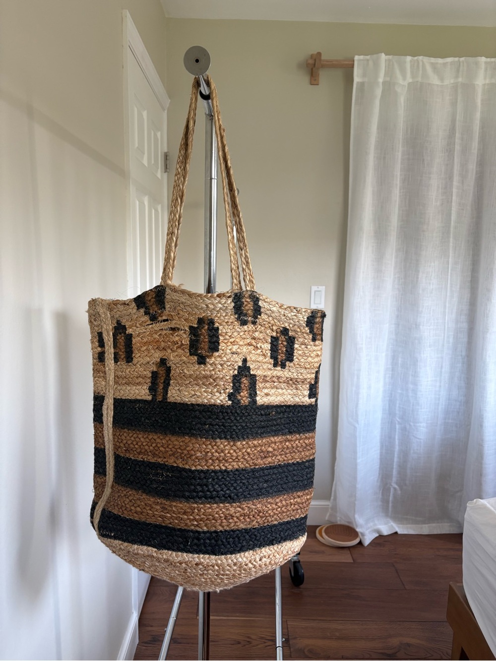 Magid Oversized Jute Tote Black Brown Woven Leopard Stripe Beach Bag